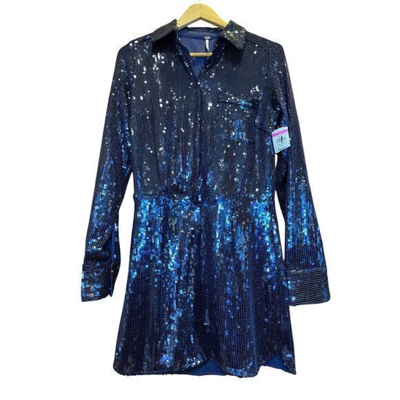 NWT Free People Sophie Sequin Mini Dress Navy Blue Longsleeve Button Up Dress S - Picture 5 of 16